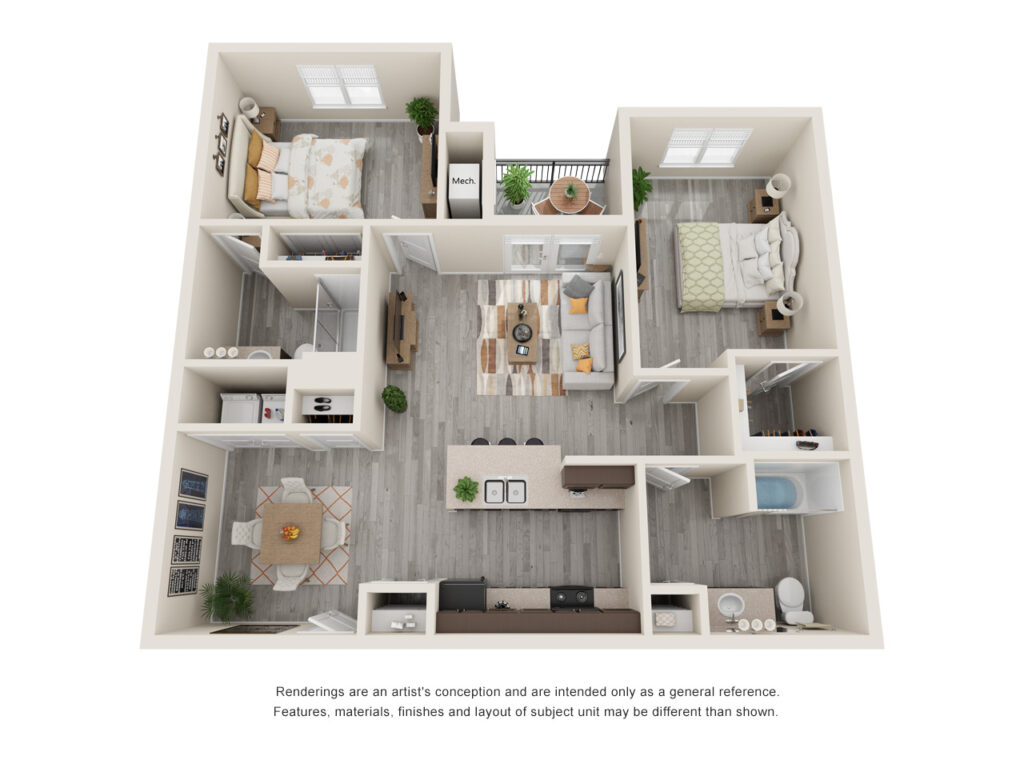 2-bedroom 2-bathroom floor plan of Moonlight Apartments in Austin, TX
