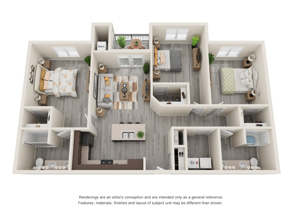 3-bedroom 2-bathroom floor plan rendering at Moonlight Apartments in Austin, TX