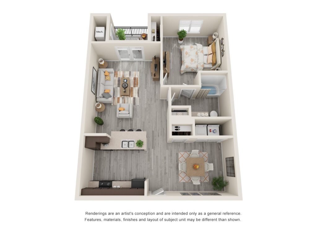 Floor plan rendering of 1-bedroom, 1-bathroom apartment at Moonlight Apartments in Austin, TX